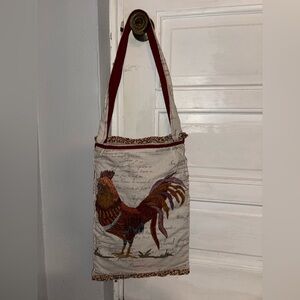 Handmade Vintage Rooster Tote Bag with Floral Lining Ruffle